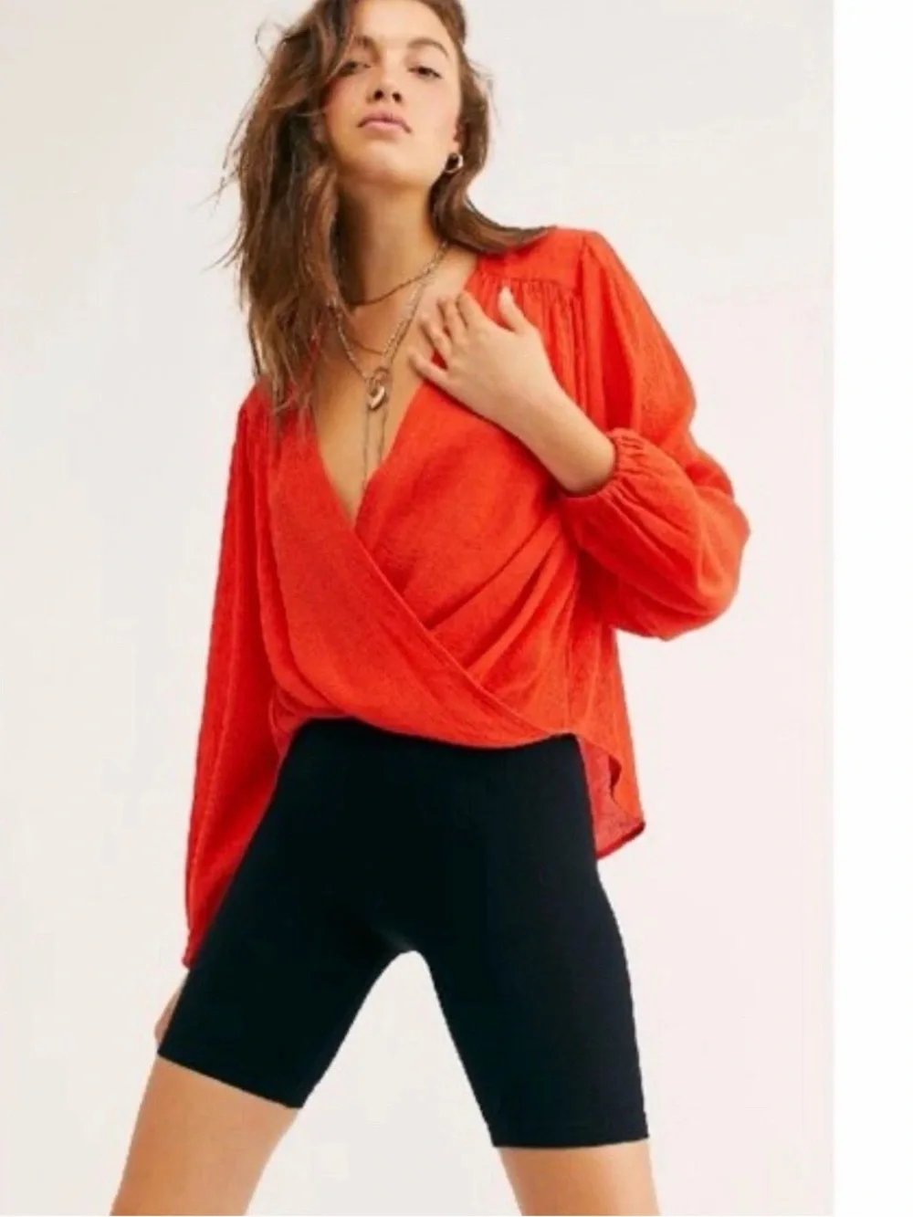 Free People Orange Red Pleated Wrap Long Sleeve Blouse